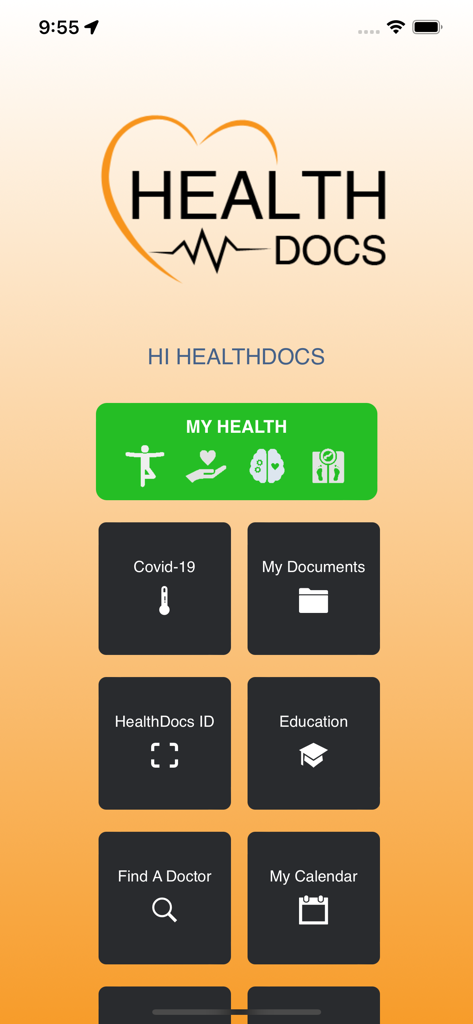 Painel principal do aplicativo HealthDocs exibindo categorias como Minha Saúde, Meus Documentos e Encontrar um Médico.