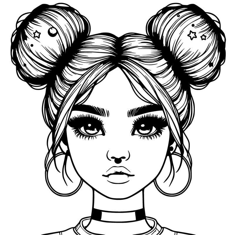 realistic girl with space buns and a nose