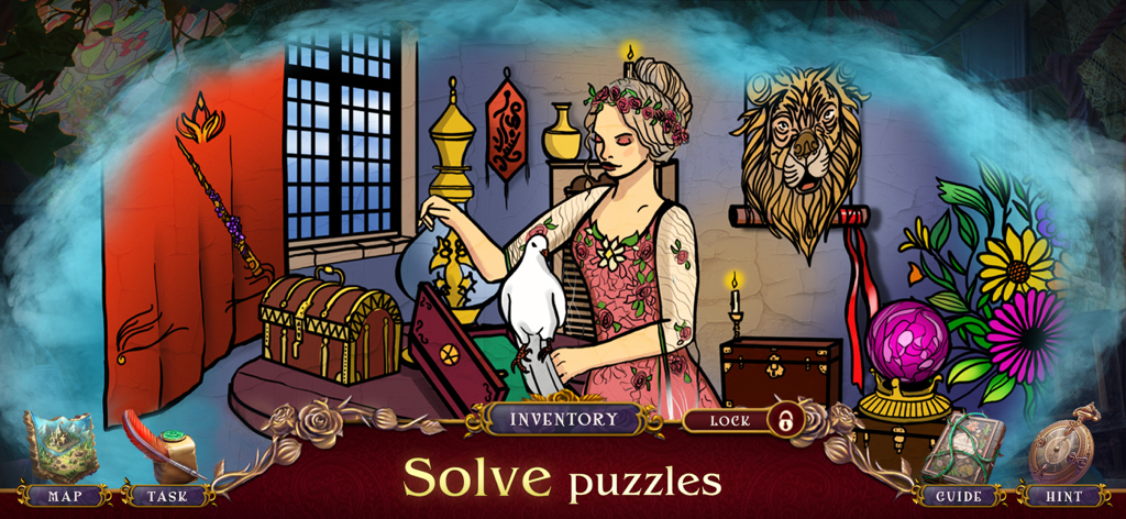 Cursed Fables 4: Find Objects - Una habitación mística con una mujer sosteniendo un pájaro blanco y texto que dice Resuelve acertijos
