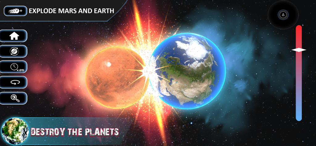 Universe Gravity Simulator 3D - A 3D simulation of Mars and Earth colliding in space with a bright explosion
