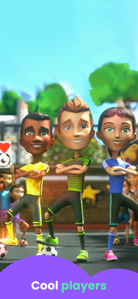 Soccer Games for Kids! - Tres personajes animados diversos en uniformes de fútbol posando en una cancha callejera