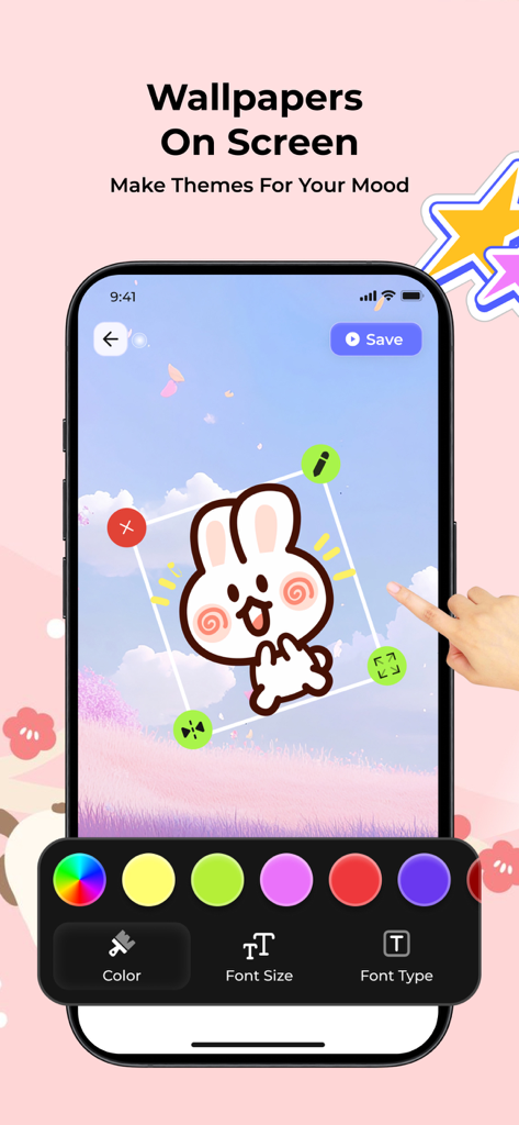 BunnyWatch 앱에서 분홍색 미학 아이폰 배경화면에 귀여운 토끼 스티커를 편집하는 모습.