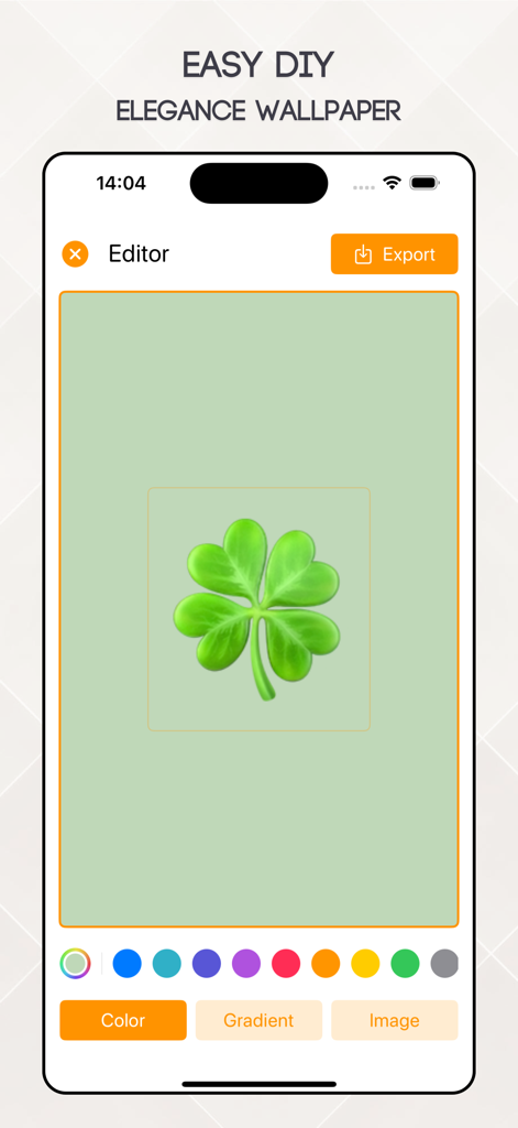 Minimal Lockscreen - One Wall - User interface of the OneWall app showing a minimalist wallpaper editor with a green clover icon and color selection tools.