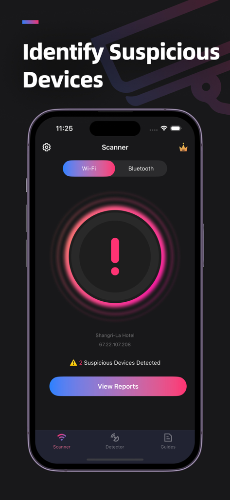 iPhone interface of the Hidden Cameras Detector app showing a scan that identified two suspicious devices on a hotel Wi-Fi network