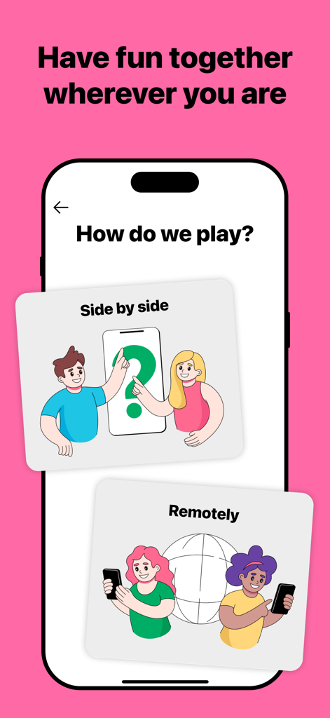 QinQai: Choose One for Couples - Interface do aplicativo QinQai mostrando opções de modo de jogo para jogar lado a lado ou remotamente com um parceiro