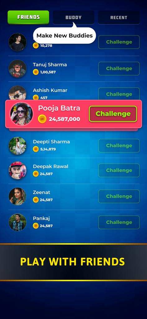 Carrom 3D SuperStar - Interfaz social de Carrom 3D SuperStar que muestra una lista de amigos y compañeros disponibles para desafiar a una partida.