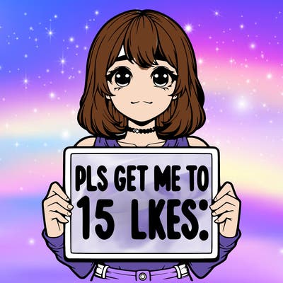realistic girl holding up a sign that says “pls get me to 15 likes!”