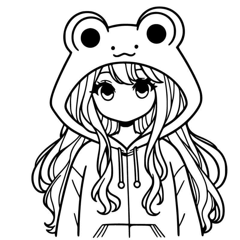 girl with frog hodie and long hair