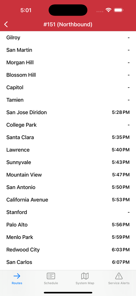 Caltrain plus app interface displaying a northbound train schedule with station names and arrival times