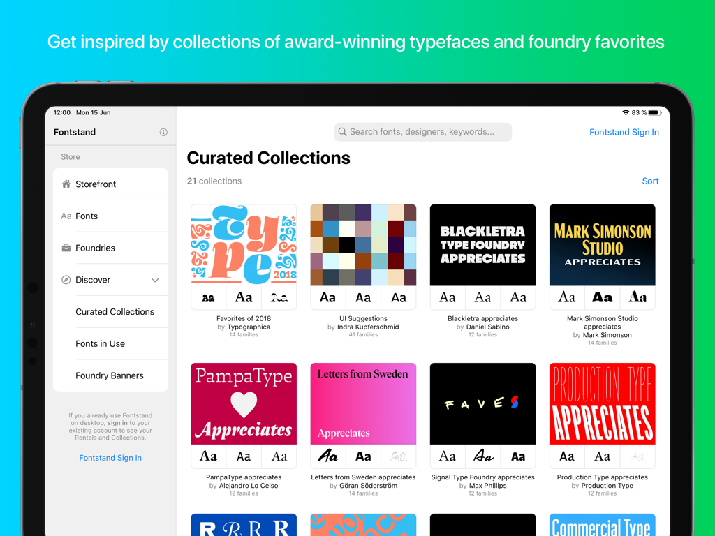Una biblioteca de colecciones de fuentes seleccionadas en la interfaz de la aplicación Fontstand para iPad