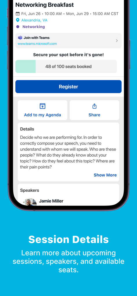 ICPC - Interface of the ICPC app displaying details for a networking event including registration status and speaker