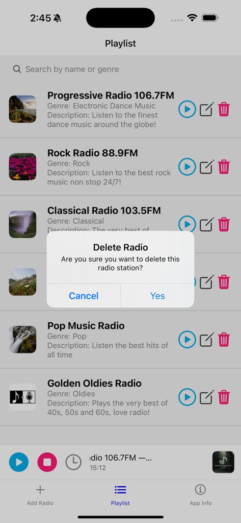 Radio: Create Stations - Capture d'écran de l'écran de la playlist des stations radio avec une alerte de confirmation de suppression