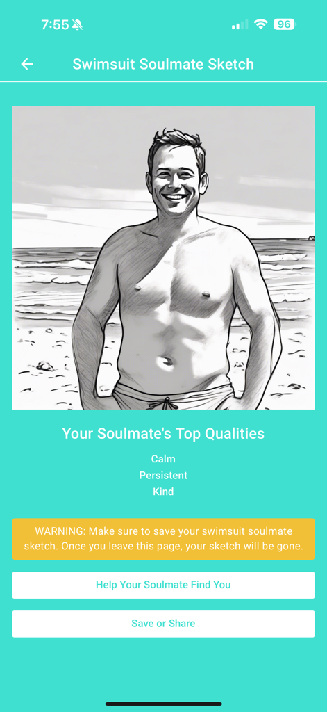 A black and white sketch of a man in a swimsuit on a beach representing a soulmate prediction