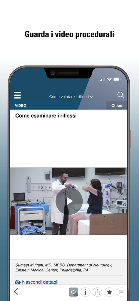 Tutorial en video que muestra un examen de reflejos médicos en la aplicación Manual MSD Profesionales.