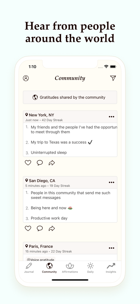 Gratitude Plus – Journal - Un écran mobile montrant le fil communautaire de Gratitude Plus où des utilisateurs du monde entier partagent leurs gratitudes quotidiennes.