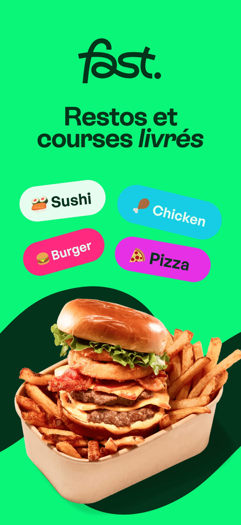 Promotional screen for the Fast app showing a double cheeseburger with fries and food delivery categories like burger and pizza
