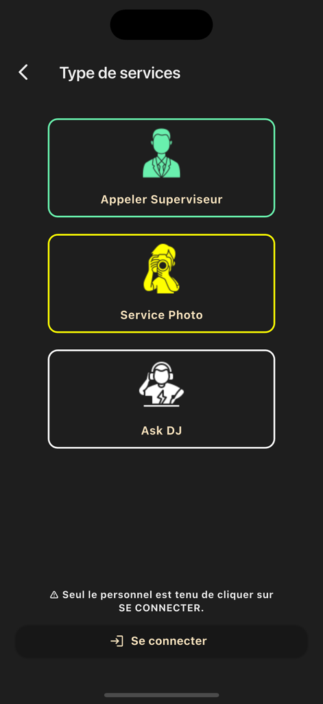 Baron Menu app screen displaying in-venue service requests including call supervisor, photo service, and ask DJ options