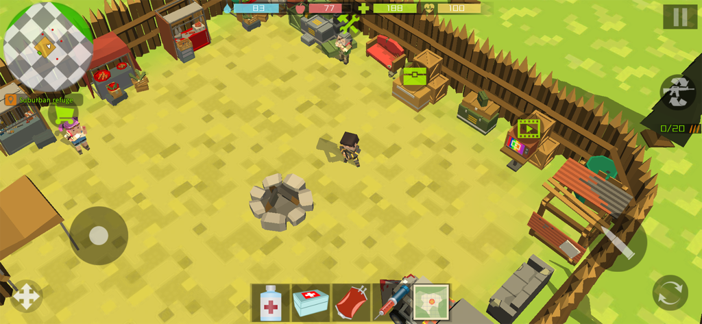 Pixel Zombie Hunter: Survival - Top-down view of a character in a fortified pixel art refuge with a campfire and survival supplies