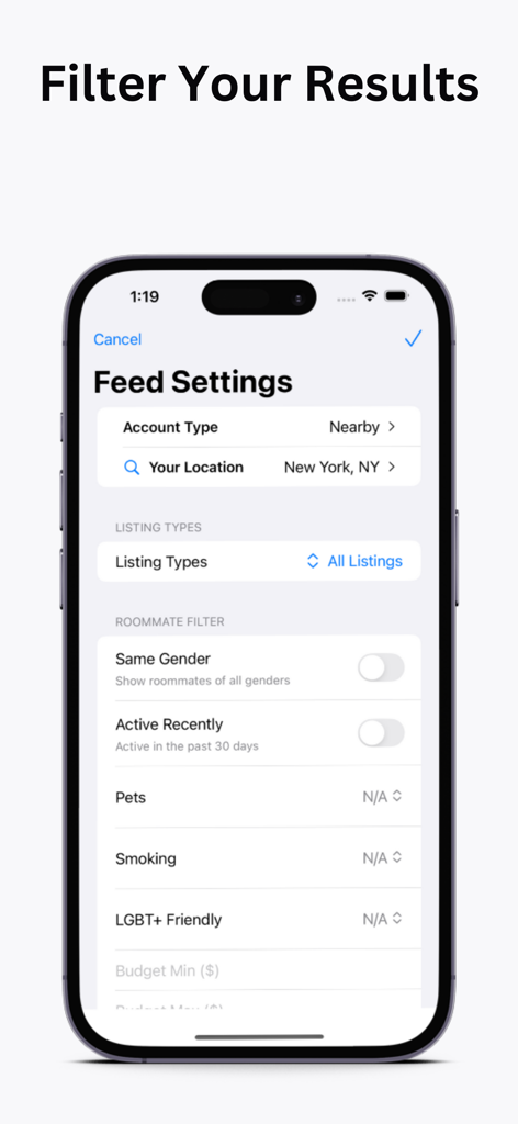 Roomie - Find a Roommate - Roomie app interface showing search filters for roommates including location gender and budget preferences