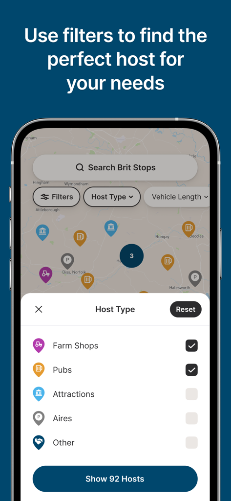 Brit Stops - Mobile app interface showing filters for different types of motorhome stopovers like farm shops and pubs in the UK.