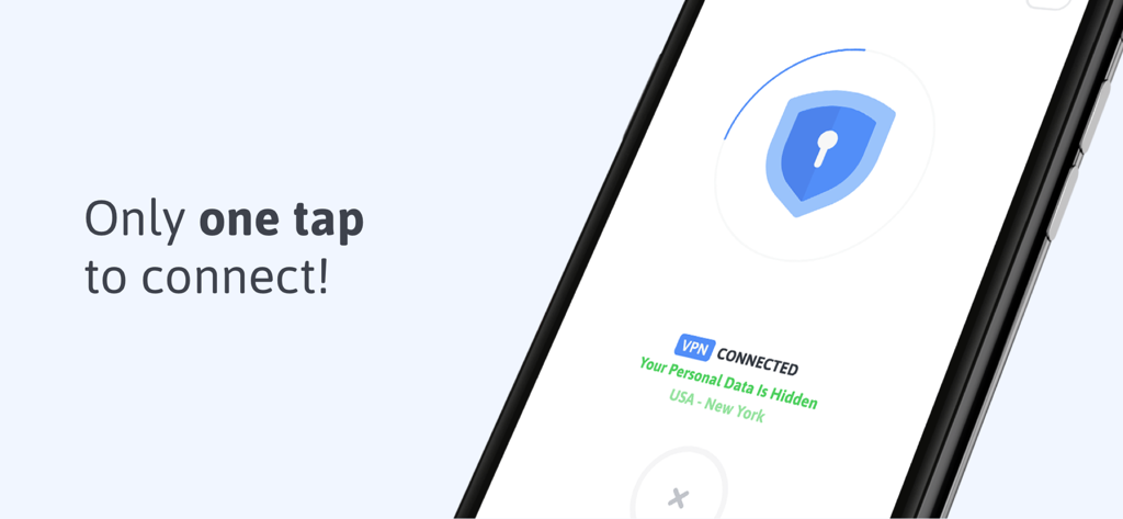 iPhone screen showing HotSpot VPN connected to a New York server with the text Only one tap to connect