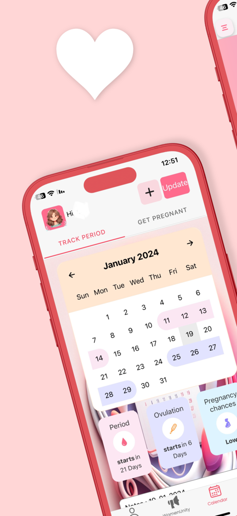 Period Pal - Period Pal mobile app interface displaying a menstrual cycle calendar with period and ovulation predictions