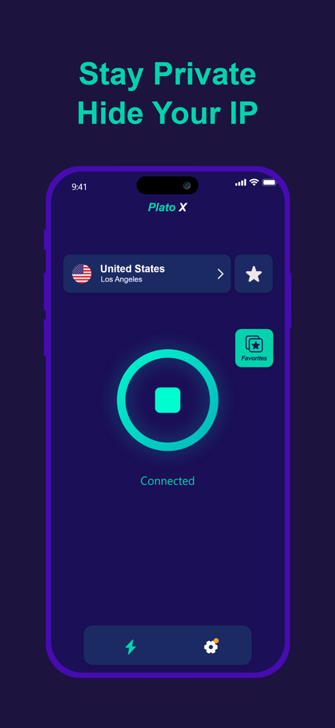 PlatoVPN Fast:Super VPN Proxy - Plato X VPN app screen showing a connected status to a US server and privacy tagline