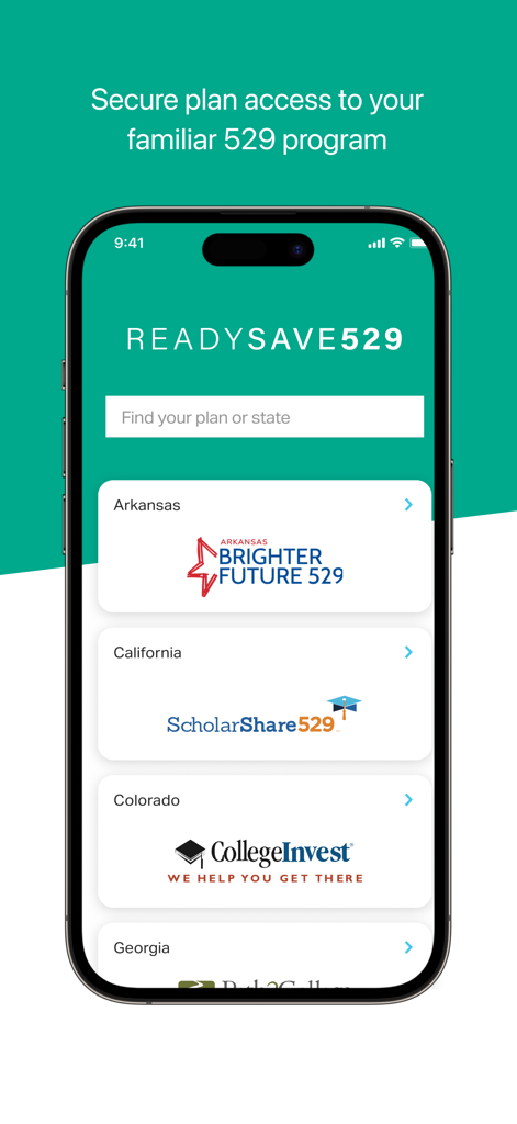 READYSAVE 529 - Tela do aplicativo móvel READYSAVE 529 para selecionar planos de poupança educacional do estado