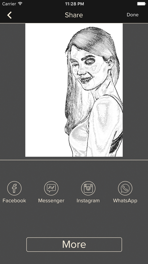 Sketchify -Simple Sketch App - Sketchify app share screen showing a pencil sketch of a woman with social media sharing options.