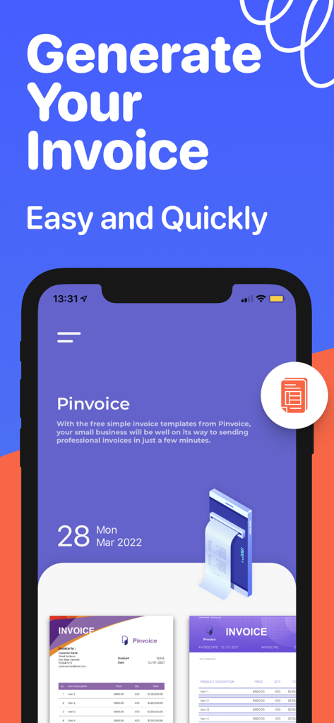 Pinvoice 모바일 앱 화면으로 전문적인 송장을 쉽고 빠르게 생성할 수 있습니다.
