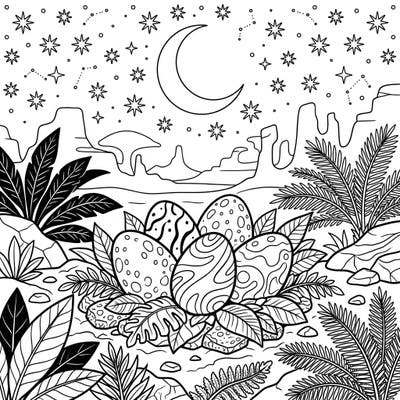 Journey back to a prehistoric era with this enchanting coloring page featuring dinosaur eggs under a luminous night sky. Unleash your creativity as you bring this ancient, starlit scene to life with your favorite colors.