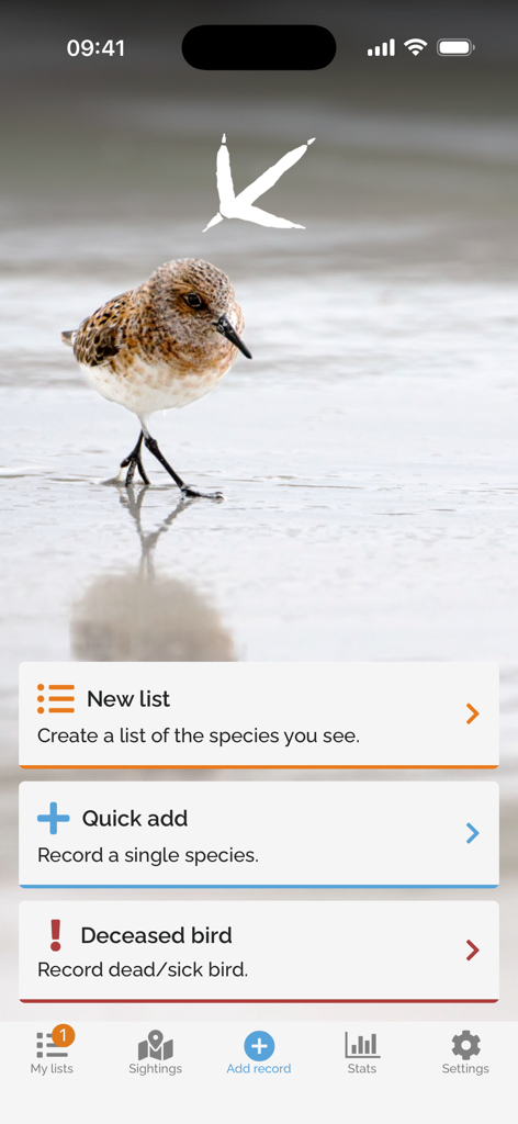 BirdTrack - BirdTrack app interface showing options to create a new list or quick add a bird sighting.