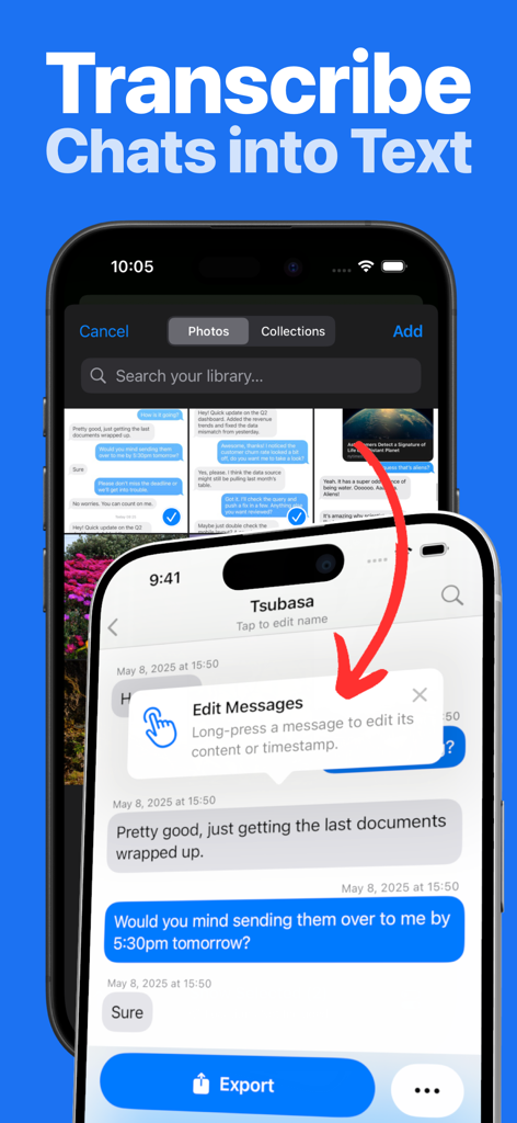 Interface showing how to transcribe chat screenshots into editable text within the TextPort app.