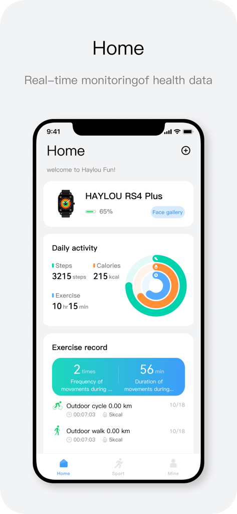 Haylou Fun - Pantalla de inicio de la aplicación Haylou Fun que muestra estadísticas de actividad diaria, incluyendo pasos, calorías y registros de ejercicio