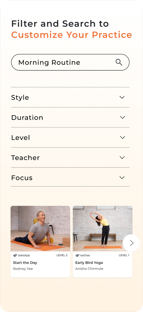Yoga International - Yoga International app interface showing search and filtering options for yoga classes including style duration level and teacher.