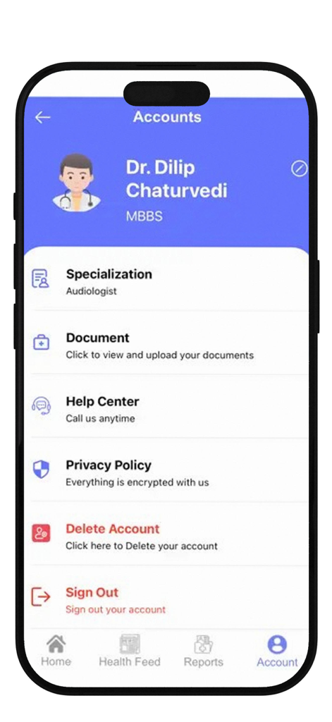 プロフィールの詳細と診療設定を特徴とするDoctors Appアカウント画面のインターフェース