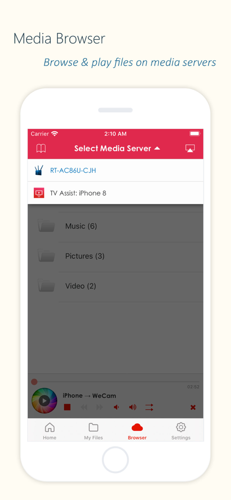 TV Assistアプリのインターフェースが、サーバー選択と音楽、写真、ビデオのフォルダが表示されたメディアブラウザを表示しています
