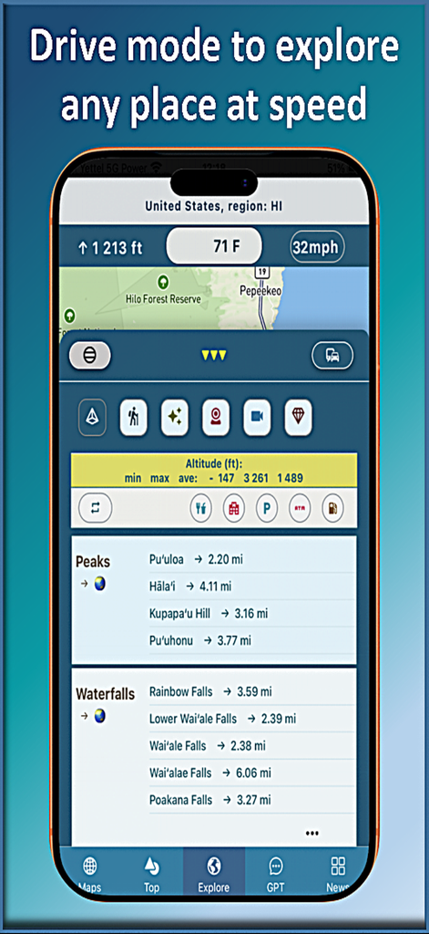 Trail Explorer - Trail Explorer mobile app showing drive mode dashboard with map altitude speed and lists of nearby peaks and waterfalls
