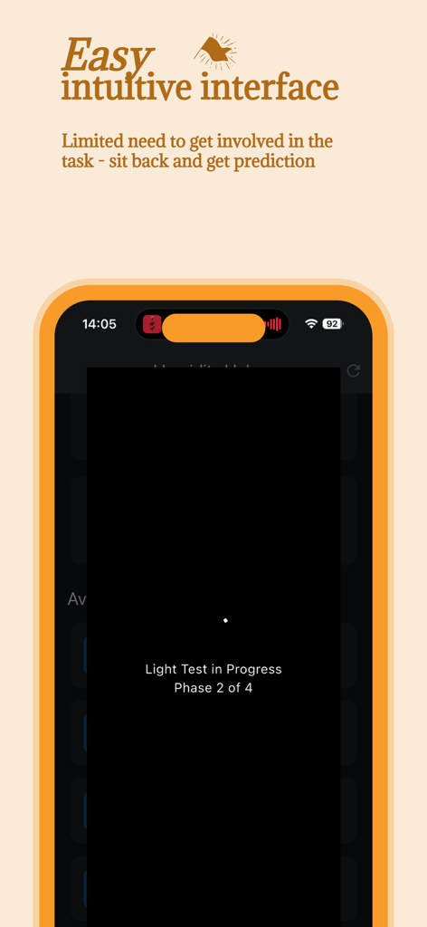 Indoor Humidity Predictor - Una pantalla de smartphone mostrando la aplicación Predictor de Humedad Interior realizando una prueba de luz bajo el encabezado de interfaz intuitiva fácil.