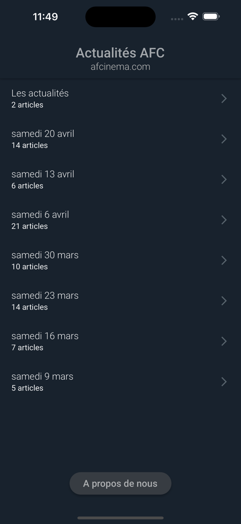 Screenshot of the AFCNews app interface showing a list of news articles organized by date