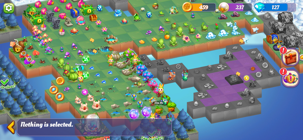 Wonder Merge - Gameplay view of Wonder Merge showing a magical meadow with colorful plants and dragon creatures