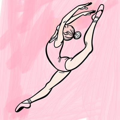 gymnast doing a leap in a leotard with a bent back leg
