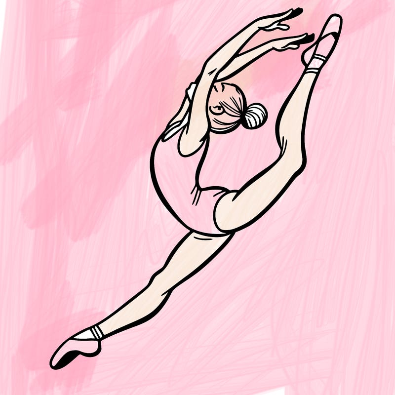 gymnast doing a leap in a leotard with a bent back leg