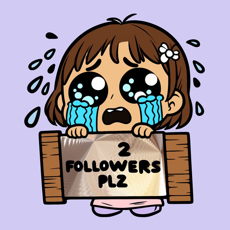 poor crying toddler holding up a sight that says 2 followers plz