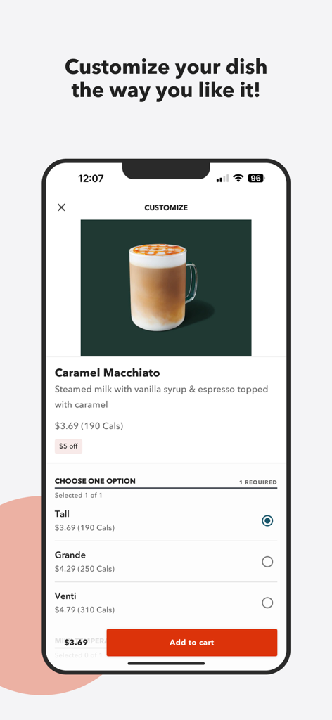 Instaeat - Instaeat mobile app screen for customizing a coffee drink
