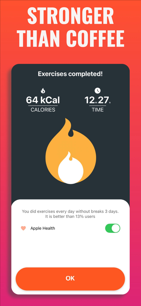 Wake up! Morning exercises - Workout summary screen displaying calories burned, time spent, and Apple Health sync option.