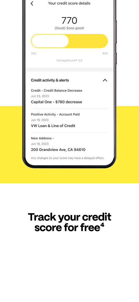 A mobile screen showing the EarnIn app credit score monitoring feature with a score of 770 and credit activity alerts