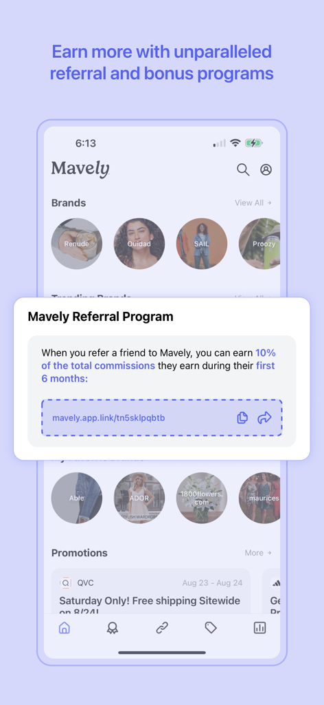 Mavely - Influencer Rewards - Ventana emergente del programa de referidos de la aplicación Mavely que muestra cómo ganar comisiones refiriendo amigos.