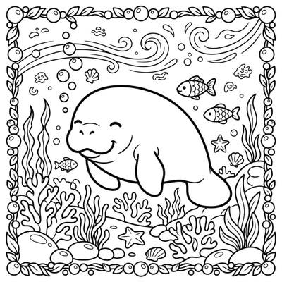 Discover the enchanting world beneath the waves with this adorable Kawaii manatee coloring page, perfect for bringing a splash of cuteness to your day. Enjoy coloring a sweet manatee surrounded by charming aquatic life and playful bubbles.