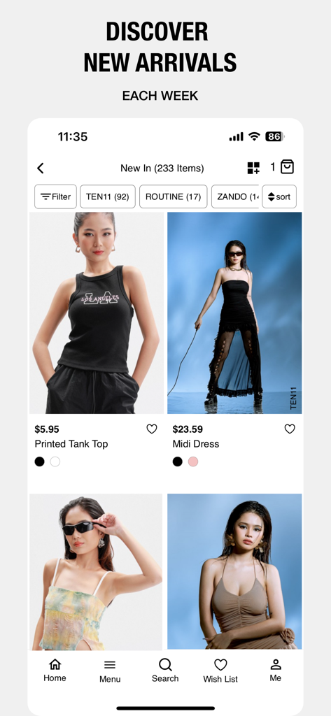 Interfaz de la aplicación móvil Zando que muestra las nuevas llegadas de moda para mujer, incluyendo camisetas sin mangas y vestidos con precios.